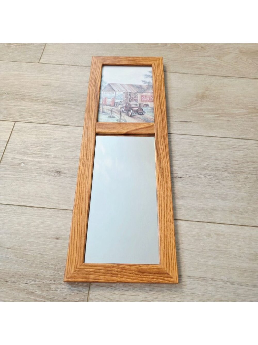 Vtg Rectangle Wood Framed Wall Mirror Country Coca Cola Country Store Print Top